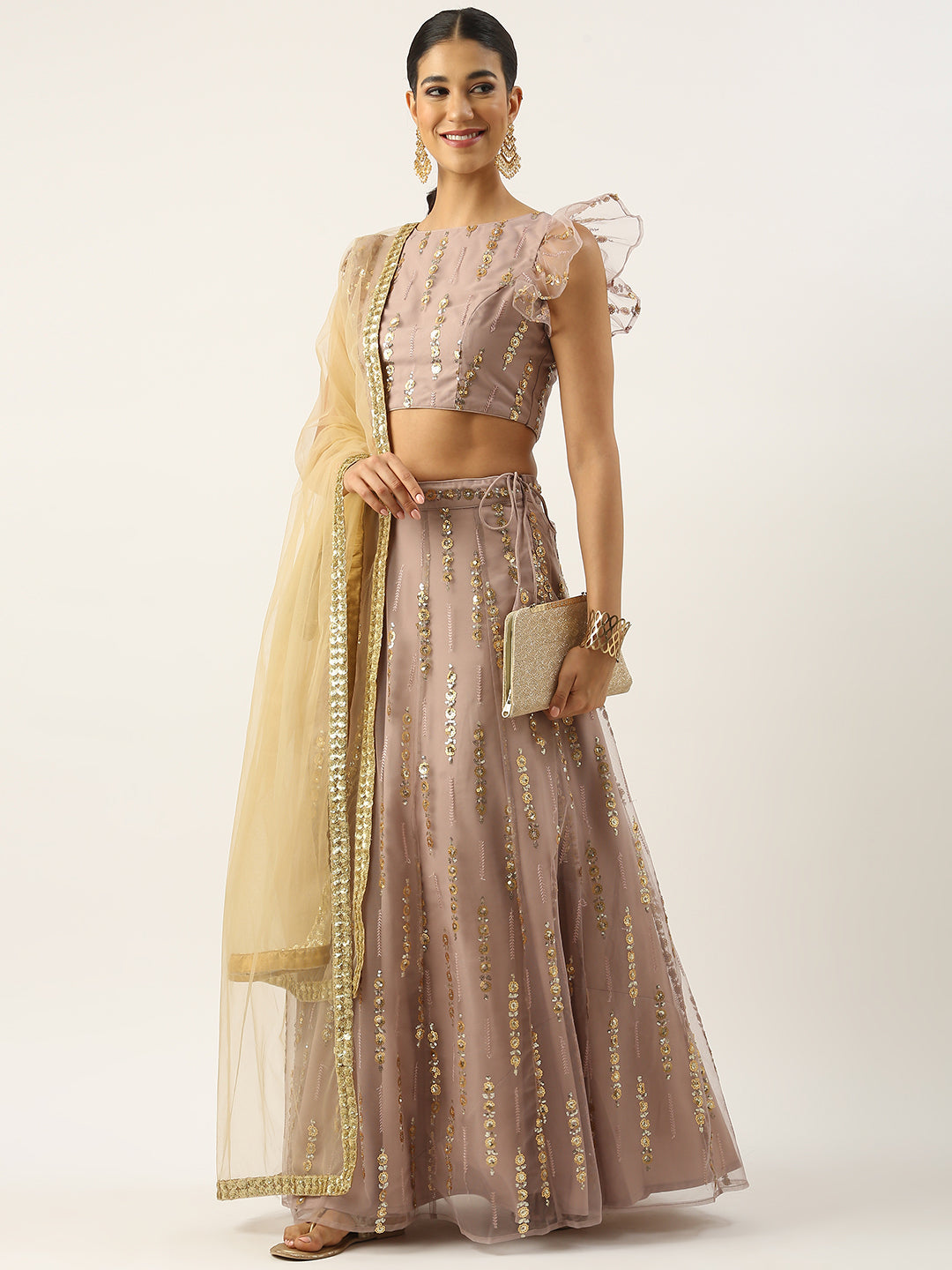 Bollywood Vogue Ready To Wear Mauve Net Sequins Embroidered Lehenga Set - Detail View