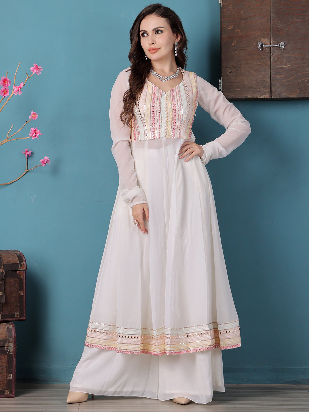 Bollywood Vogue Ready To Wear Off White Georgette Embroidered Anrakali Suit - Side View