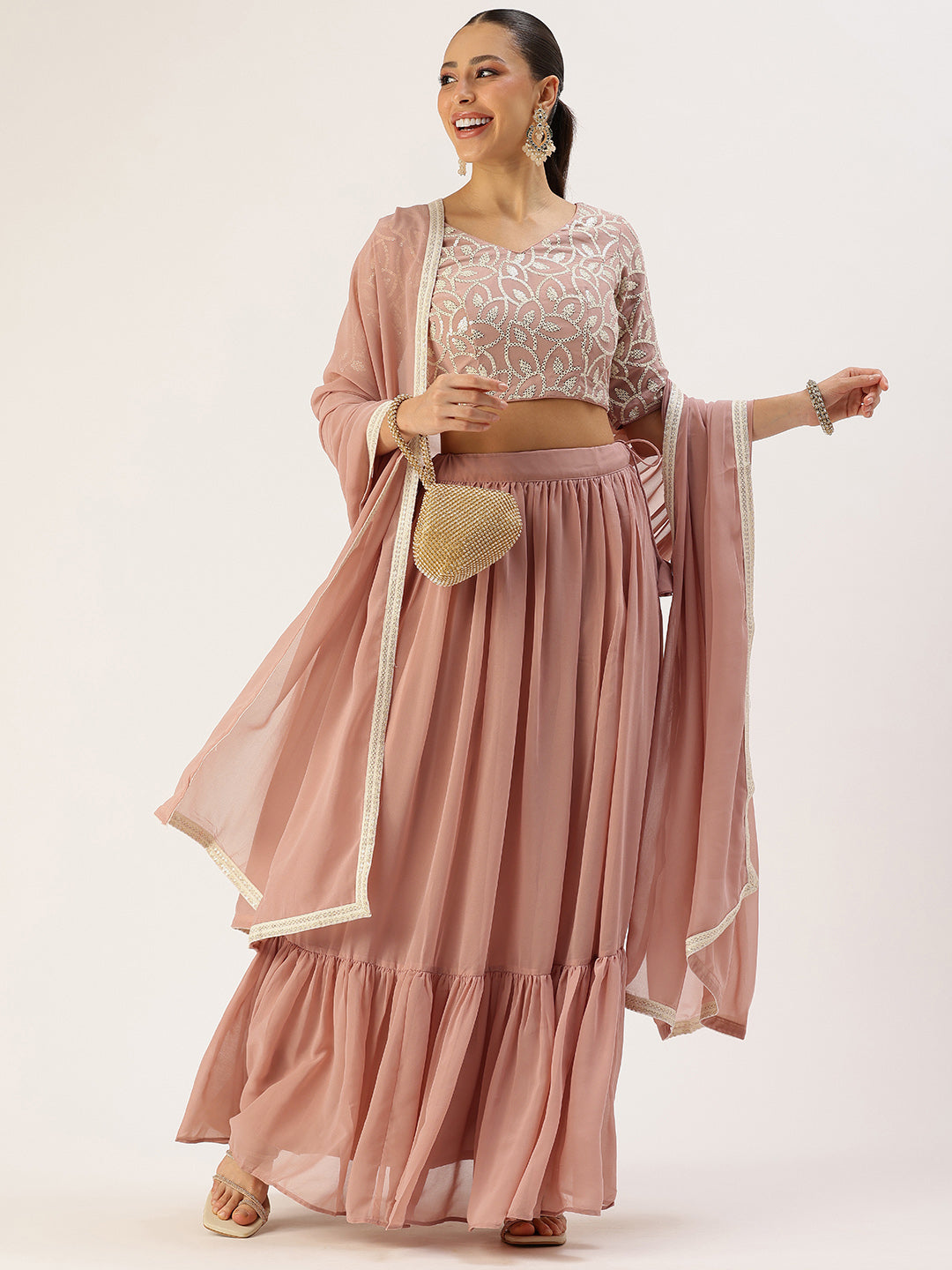 Bollywood Vogue Ready To Wear Pink Embroidered Lehenga Set - Detail View