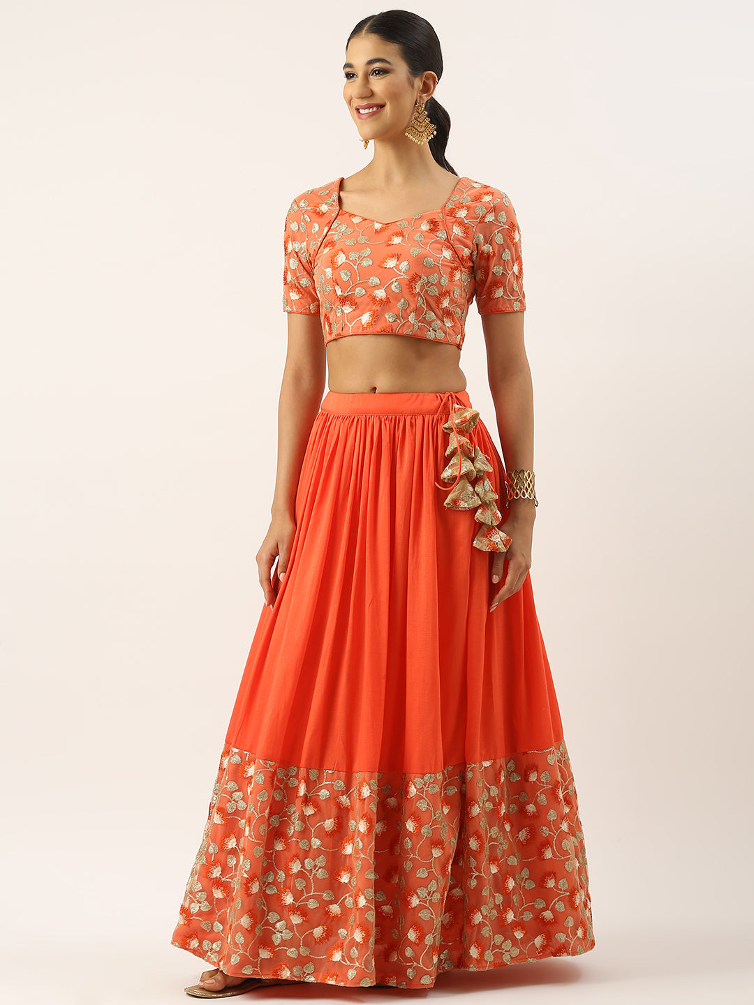 Bollywood Vogue Ready To Wear Beige N Orange Embroidered Net Lehenga Set - Side View