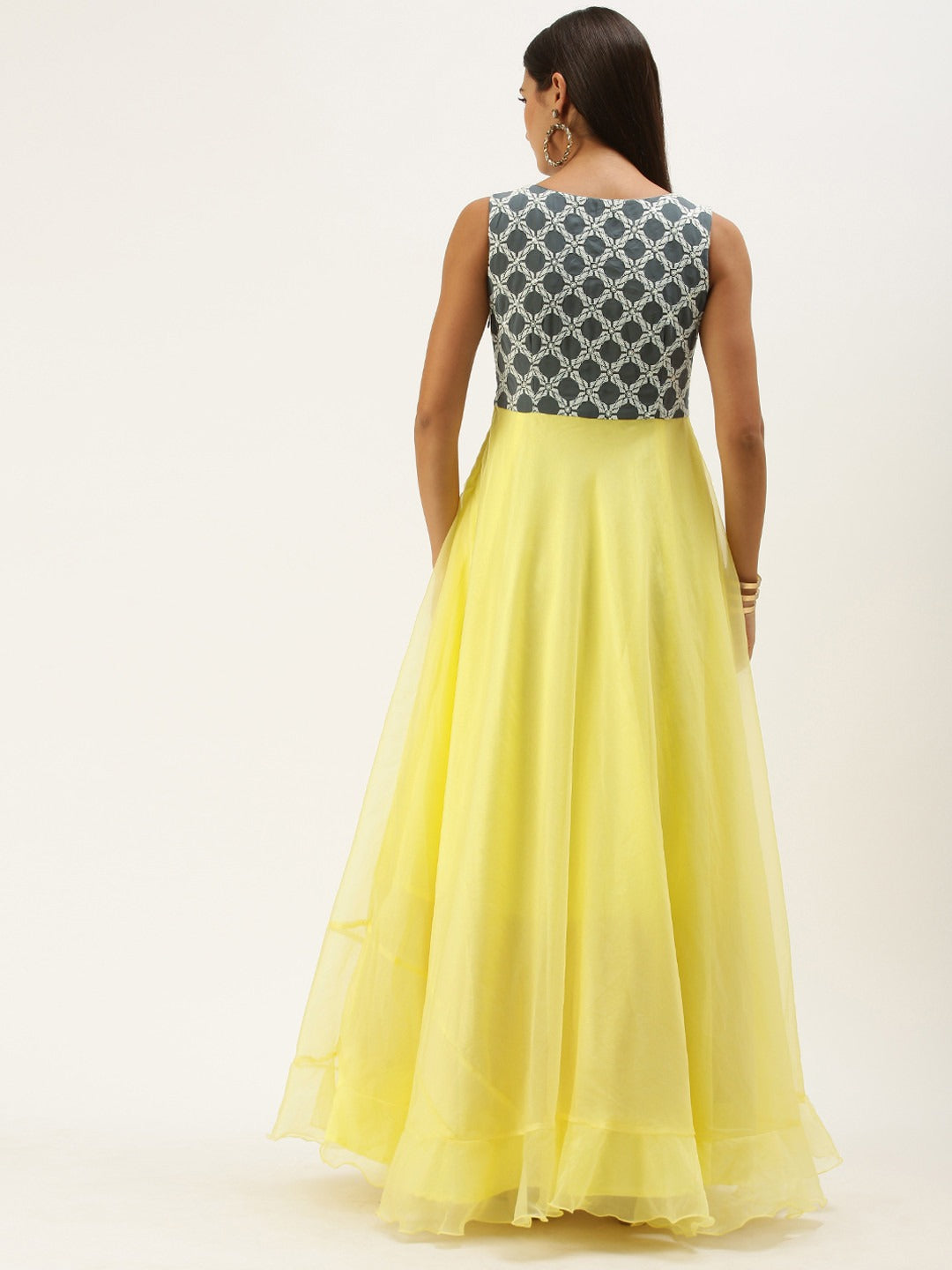 Bollywood Vogue Ready To Wear Grey N Yellow Embroidered Floor Length Gown - Back View