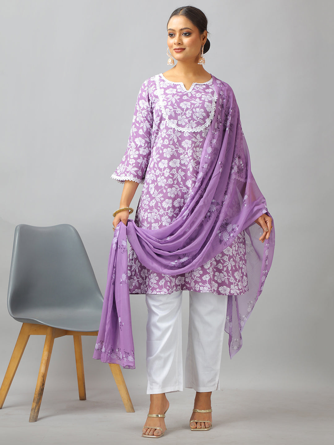 Bollywood Vogue Ready To Wear Lavender Art Silk Cotton Kurta Straight Pant Suit - Front View