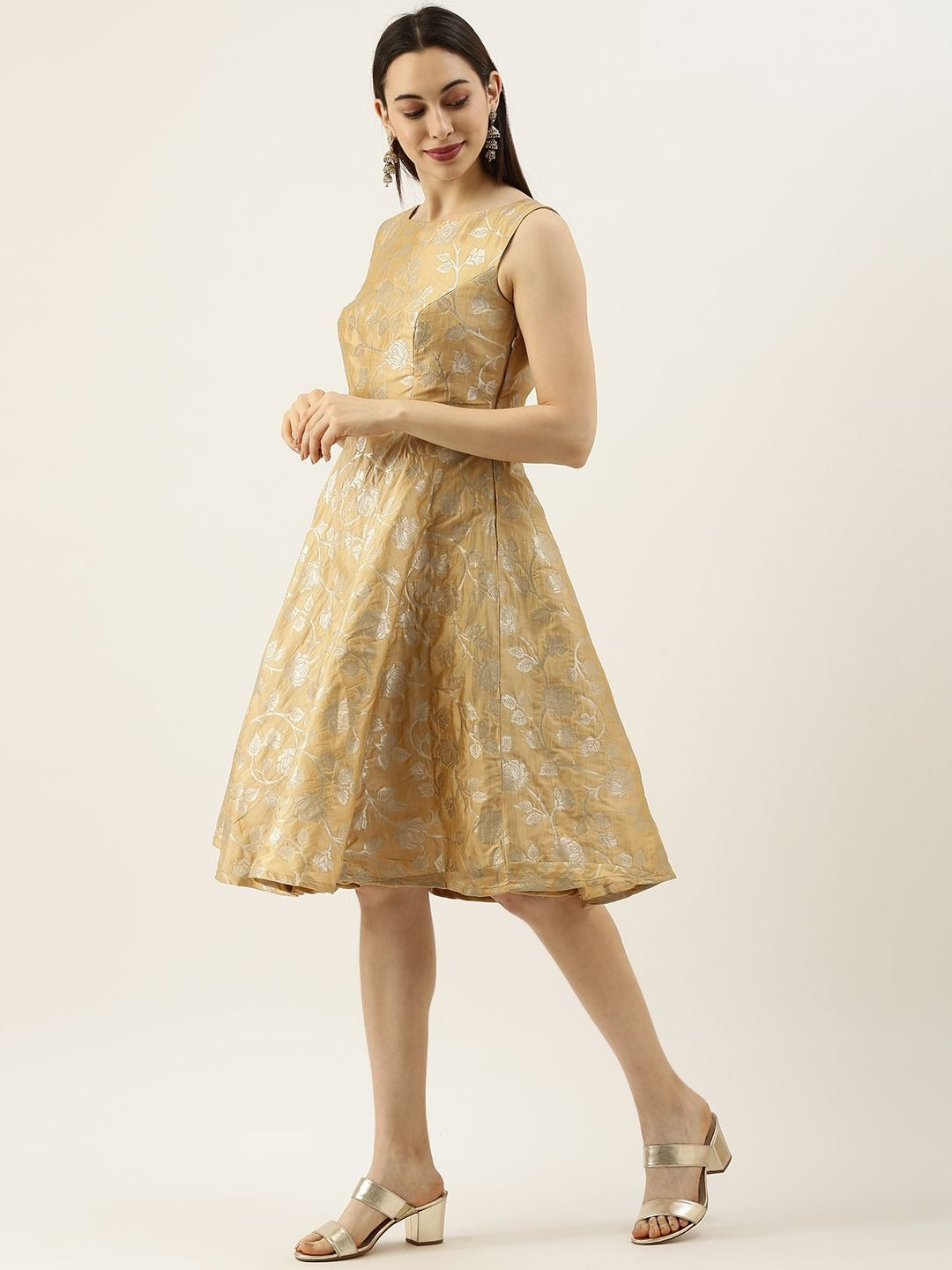 Bollywood Vogue Ready To Wear Beige Brocade Boat Neck Flared Dress - Side View