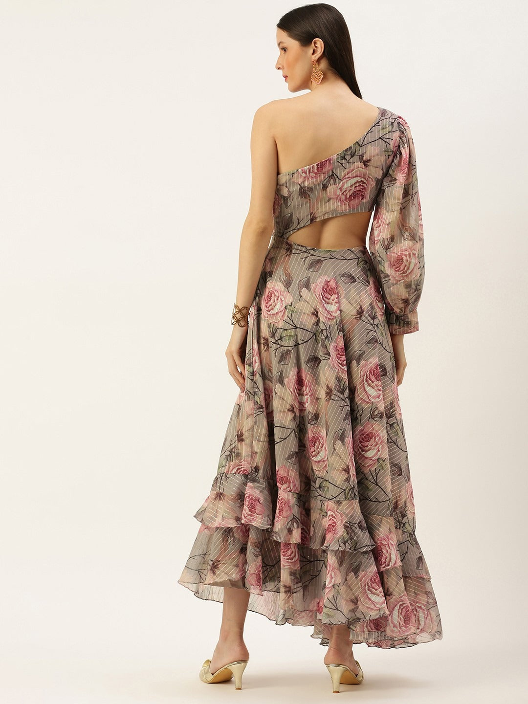Bollywood Vogue Ready To Wear Multicolored Digital Printed Floral Gown - Back View