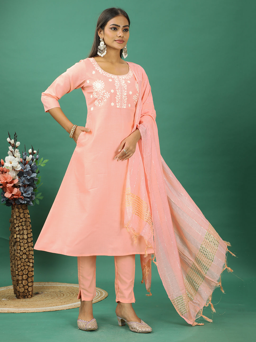 Bollywood Vogue Ready To Wear Peach Rayon Embroidered Narrow Straight Pant Suit - Additional View 2
