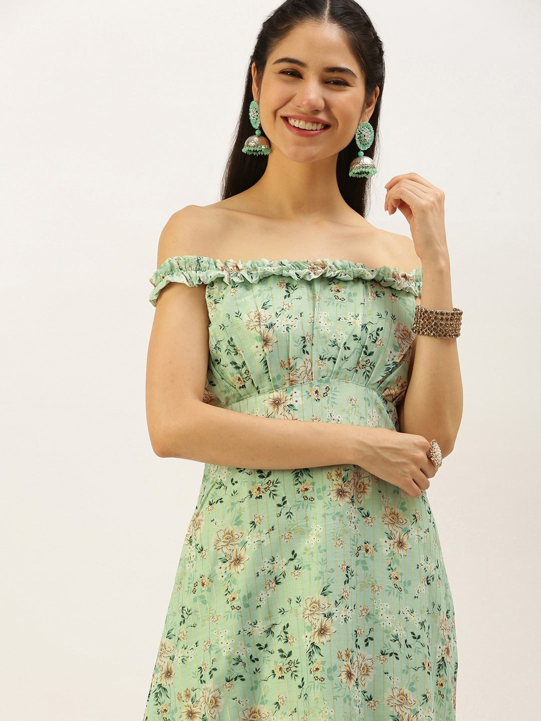 Bollywood Vogue Ready To Wear Green Muslin Off Shoulder Dress - Look Shot