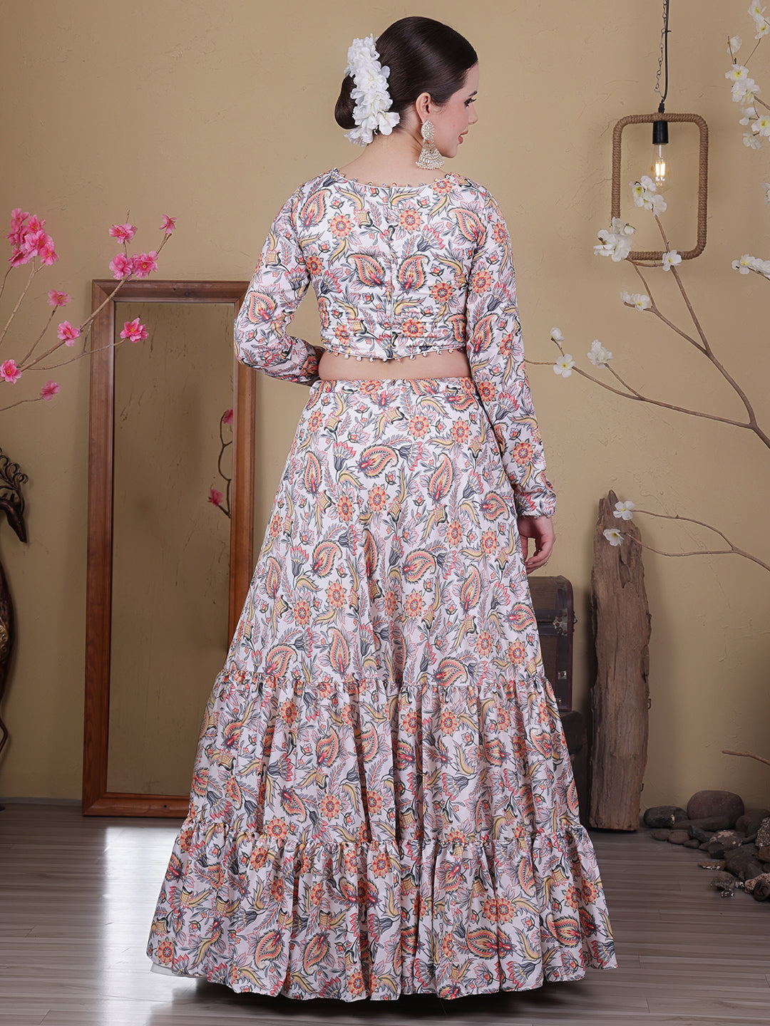Bollywood Vogue Ready To Wear White Satin Digital Print Lehenga Set - Detail View