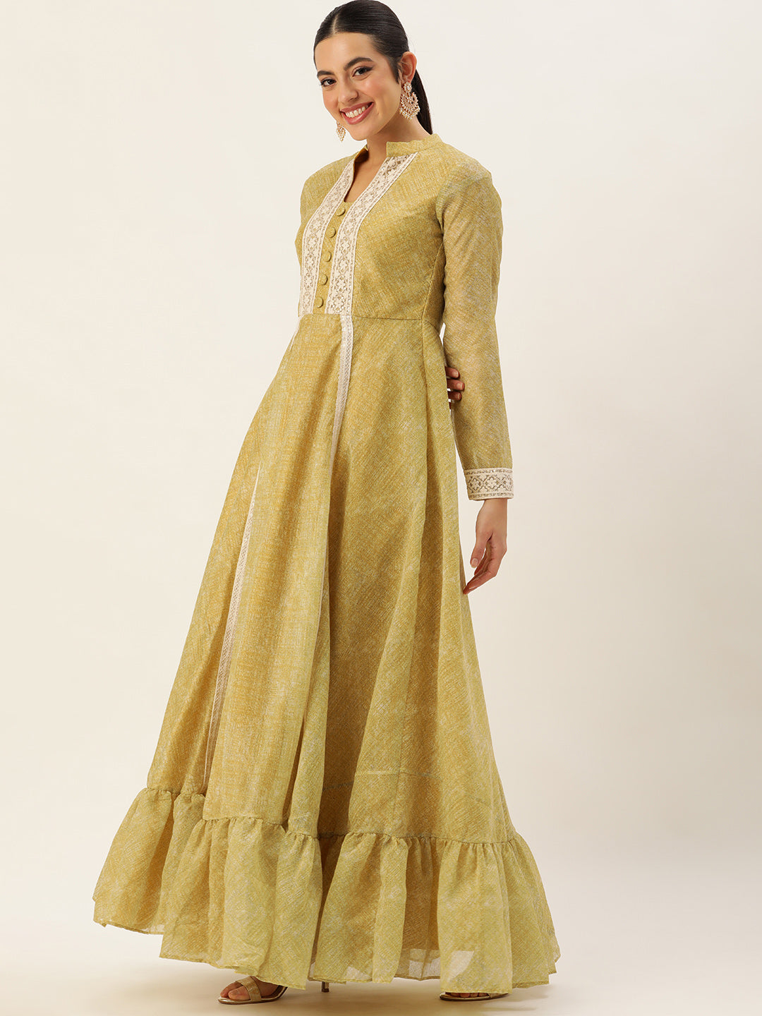 Bollywood Vogue Ready To Wear Green Cotton Silk Gown - Back View