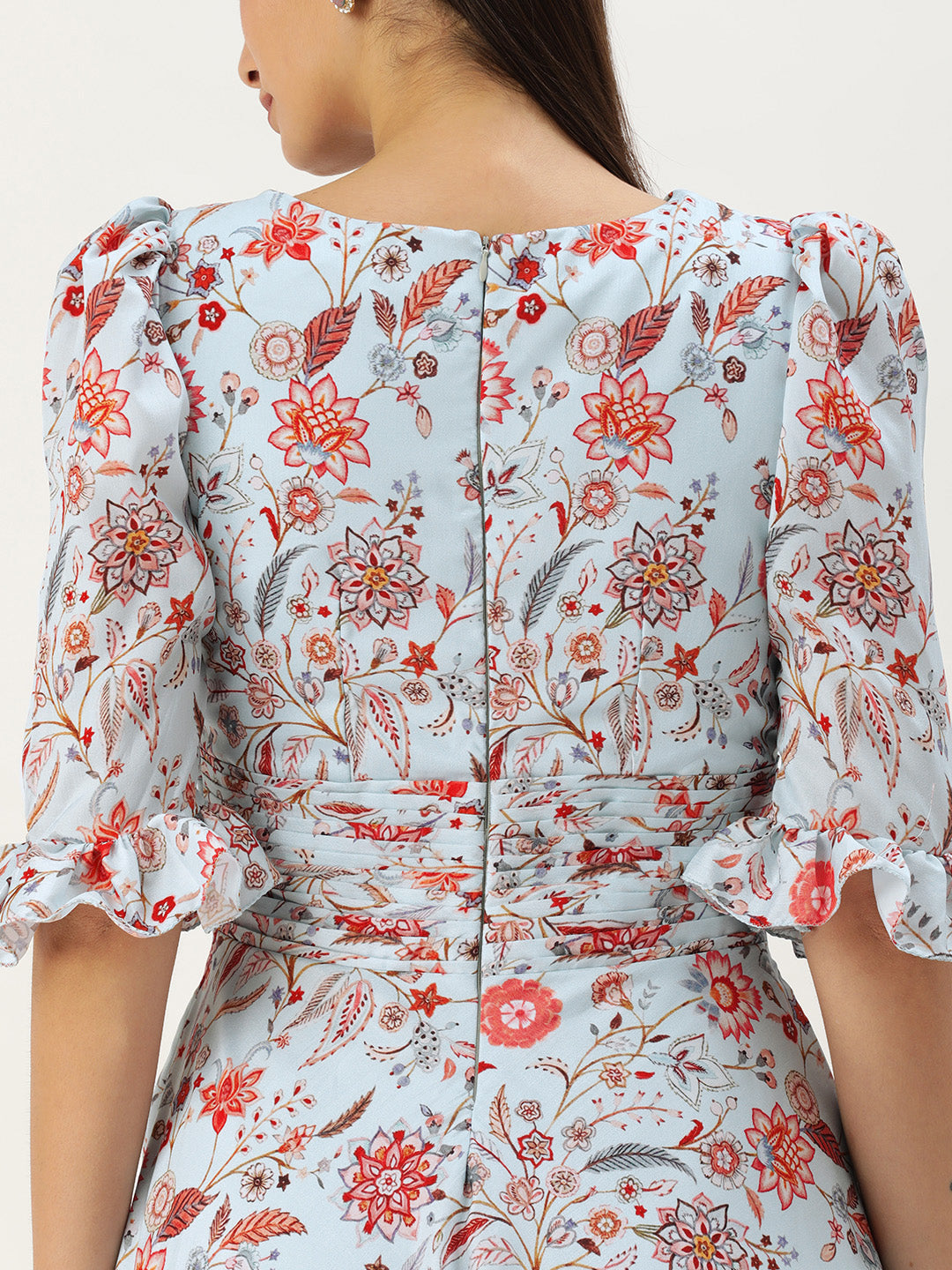 Bollywood Vogue Ready To Wear Pale Blue Lily Art Silk Printed Gown - Detail View