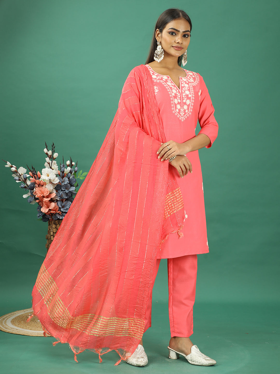 Bollywood Vogue Ready To Wear Coral Rayon Embroidered Straight Pant Suit - Additional View 2