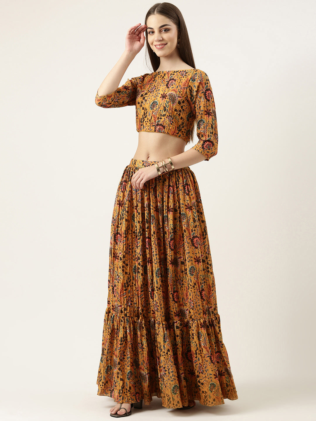 Bollywood Vogue Ready To Wear Yellow chinon Foil Printed Skirt Set - Detail View