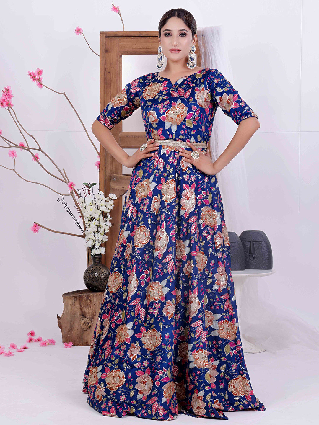 Bollywood Vogue Ready To Wear Blue Viscose Printed Gown - Front View