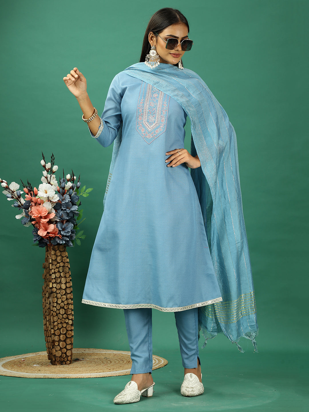 Bollywood Vogue Ready To Wear Blue Rayon Embroidered Narrow Straight Pant Suit - Additional View 2