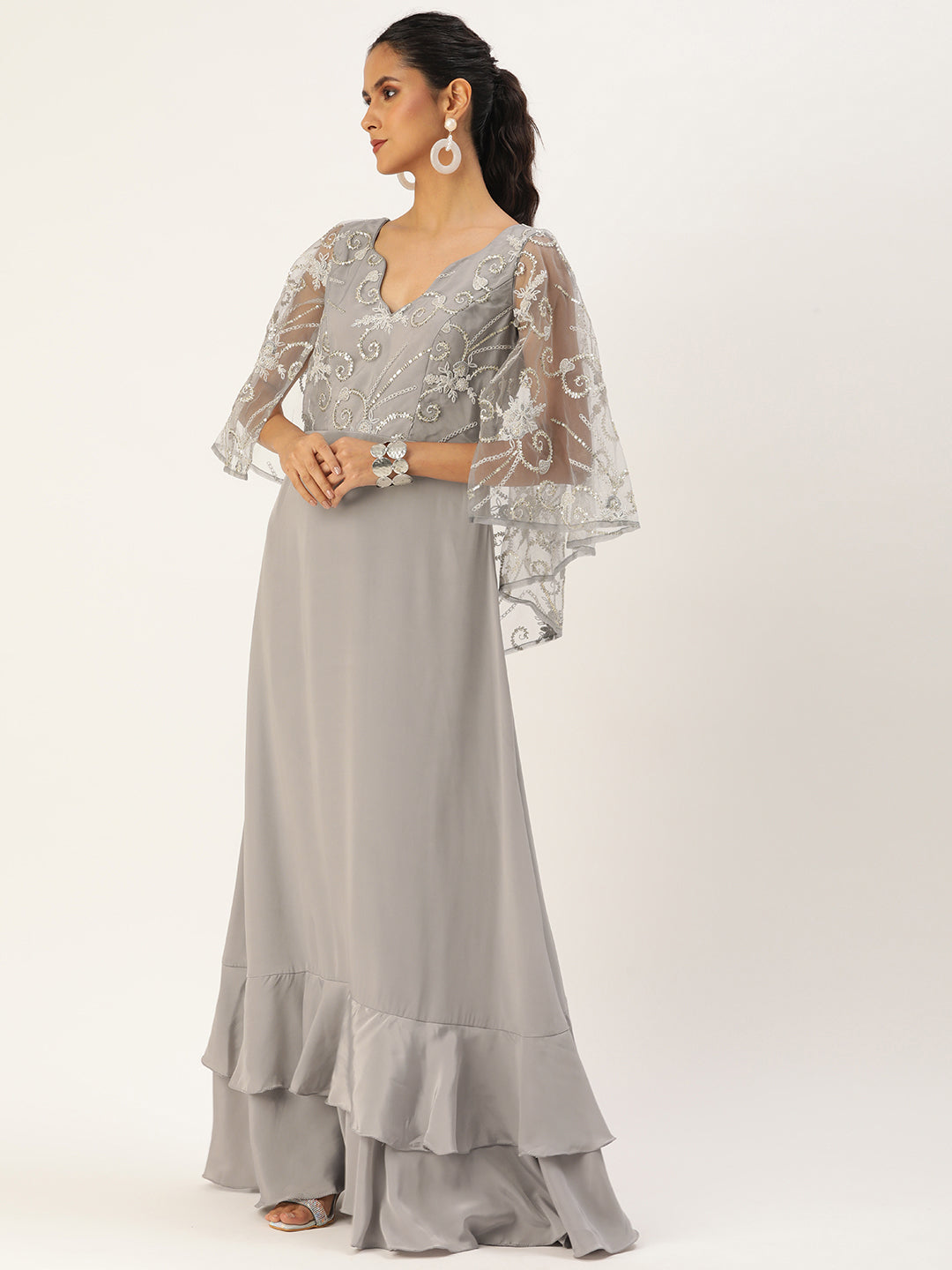 Bollywood Vogue Ready To Wear Grey Net Embroidered N French Crepe Gown - Side View