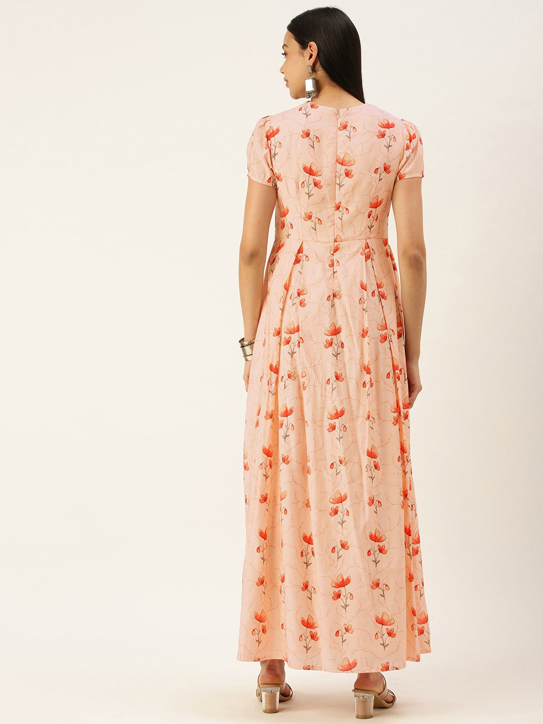 Bollywood Vogue Ready To Wear Off White Chanderi Modal Satin Close Neck Dress - Back View