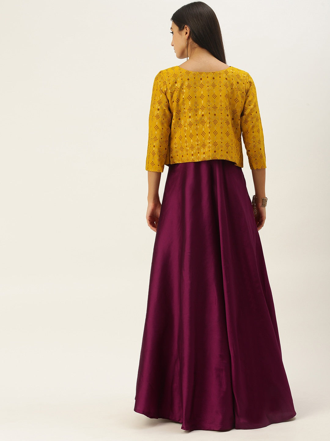 Bollywood Vogue Ready To Wear Dark Purple N Mustard Jacket Style Gown - Back View
