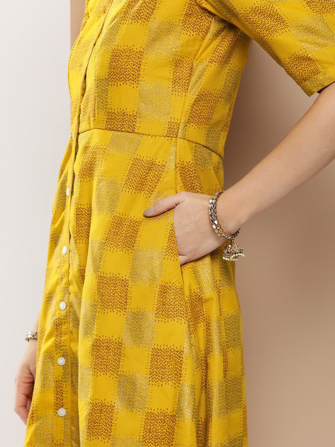 Bollywood Vogue Ready To Wear Mustard Rayon Printed A-Line Dress - Detail View