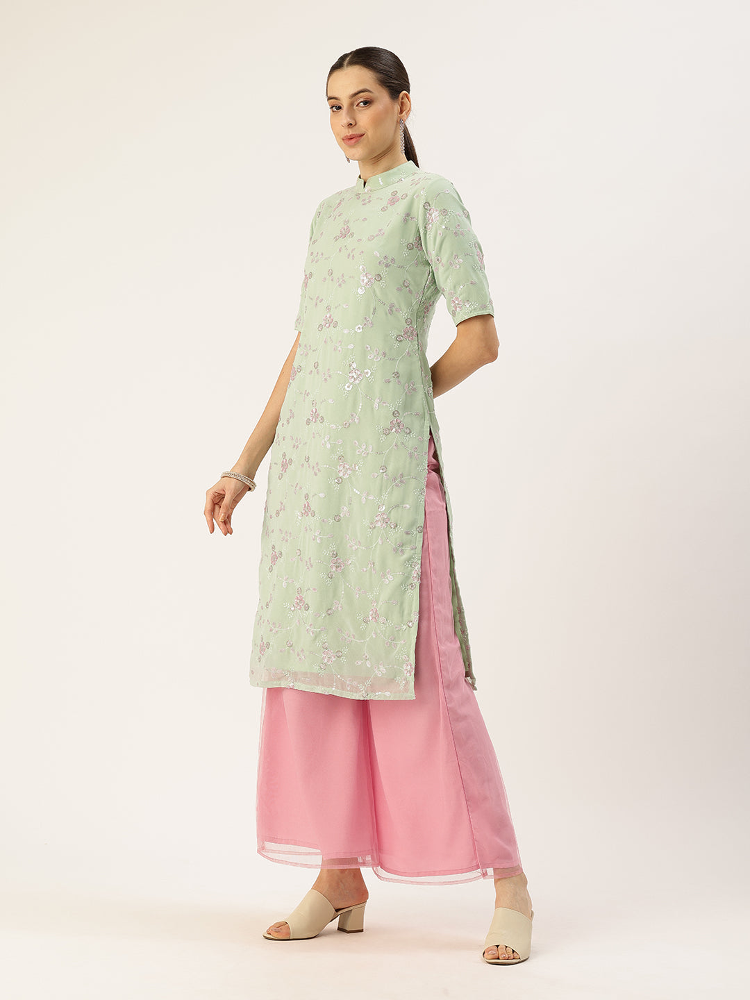 Bollywood Vogue Ready To Wear Green Embroidered Georgette N Pink Palazzo Suit - Side View