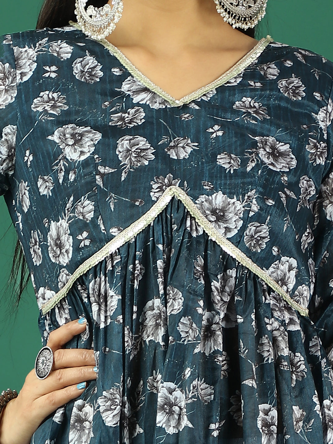 Bollywood Vogue Ready To Wear Blue Chinon Printed Gathered Style Kurta Set - Additional View 1