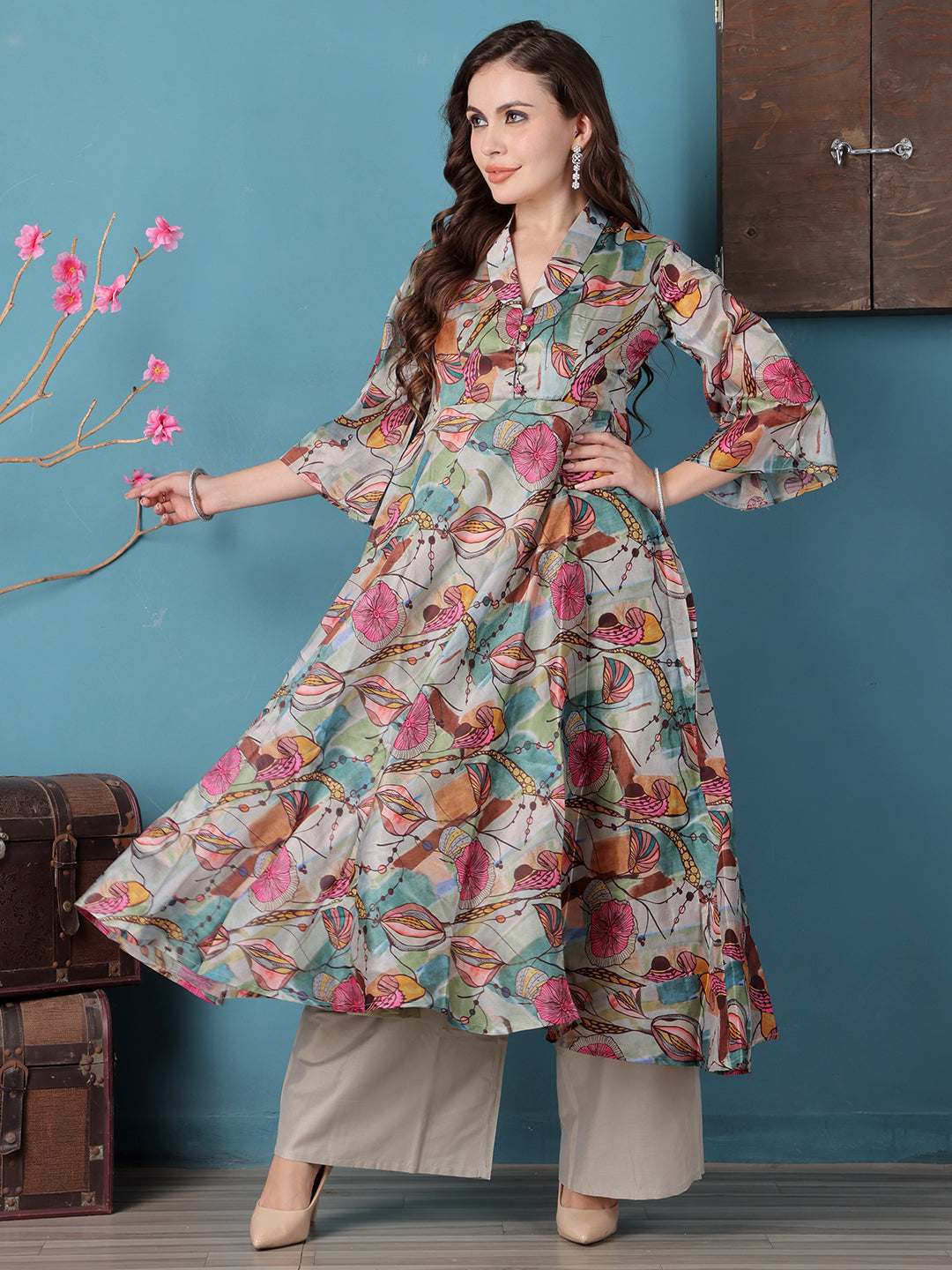 Bollywood Vogue Ready To Wear Multicolored Crepe Digital Printed Kurta Set - Side View