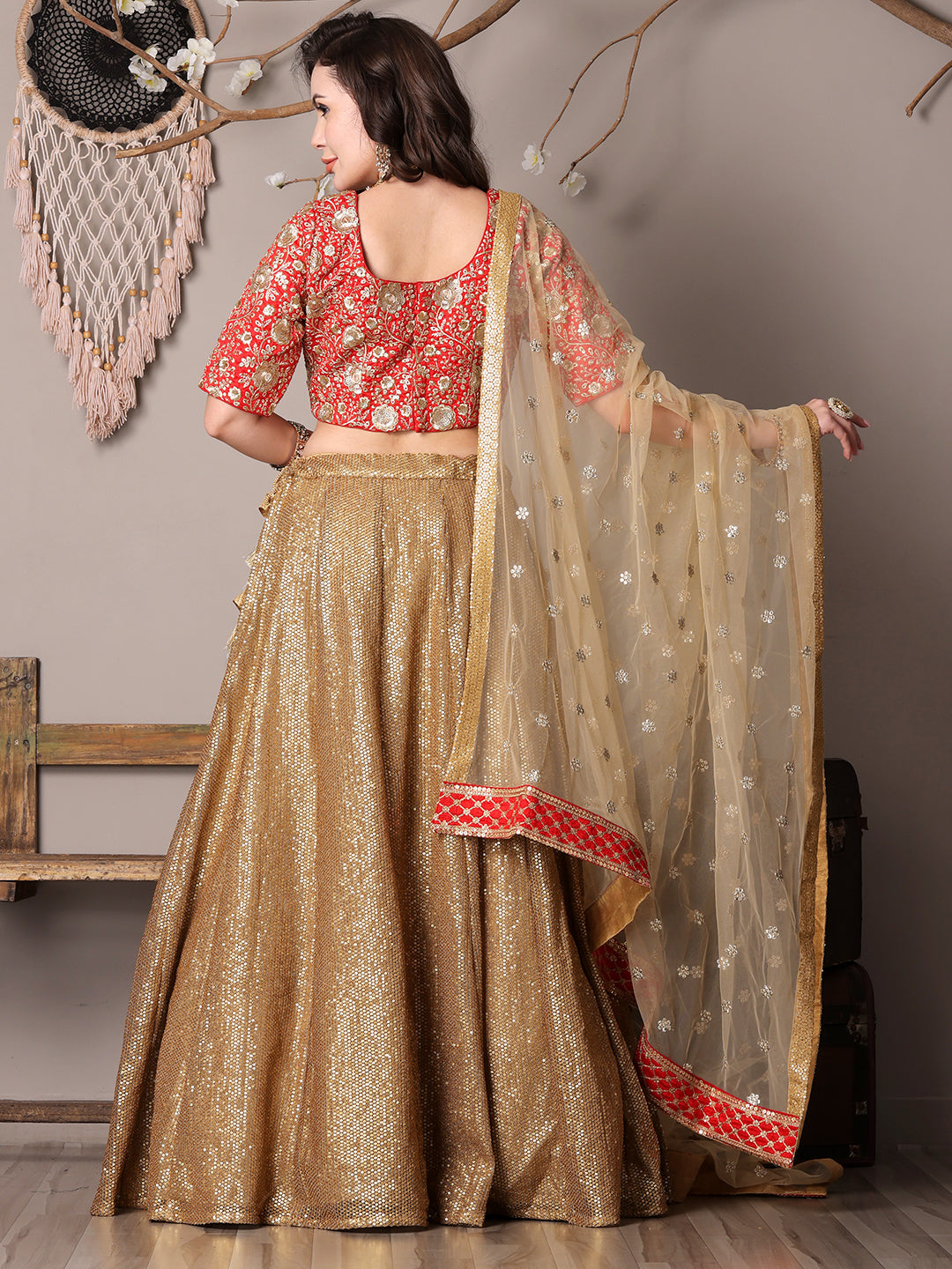 Bollywood Vogue Ready To Wear Red Embroidered N Gold Sequins Lehenga Set - Look Shot