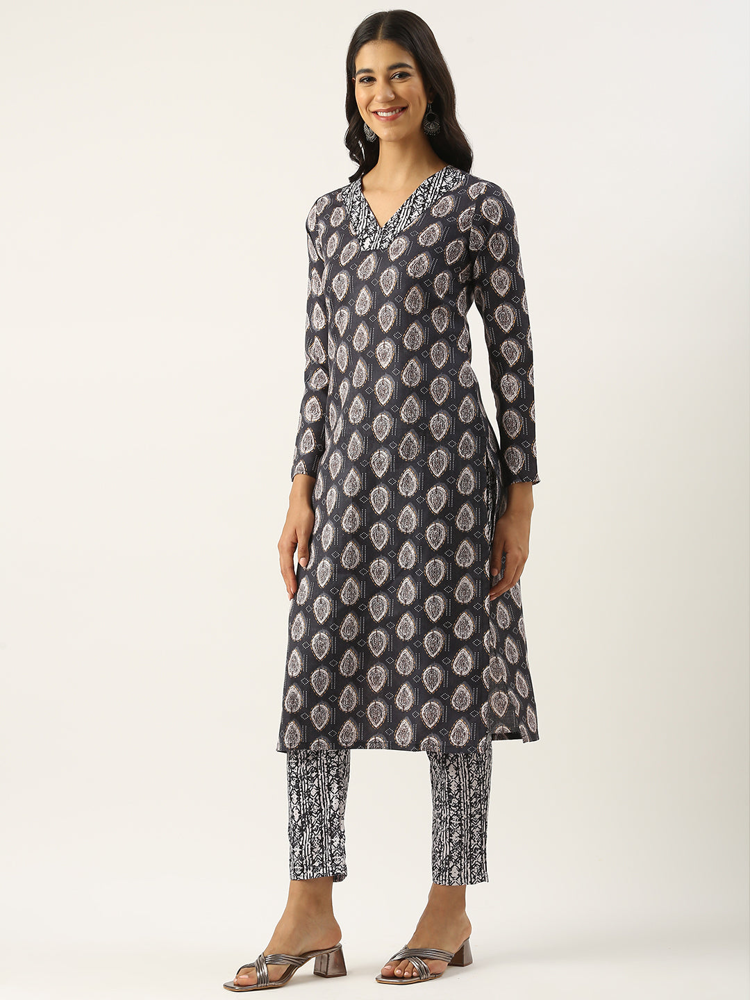 Bollywood Vogue Ready To Wear Black Semi Cotton Printed Straight Pant Suit - Side View