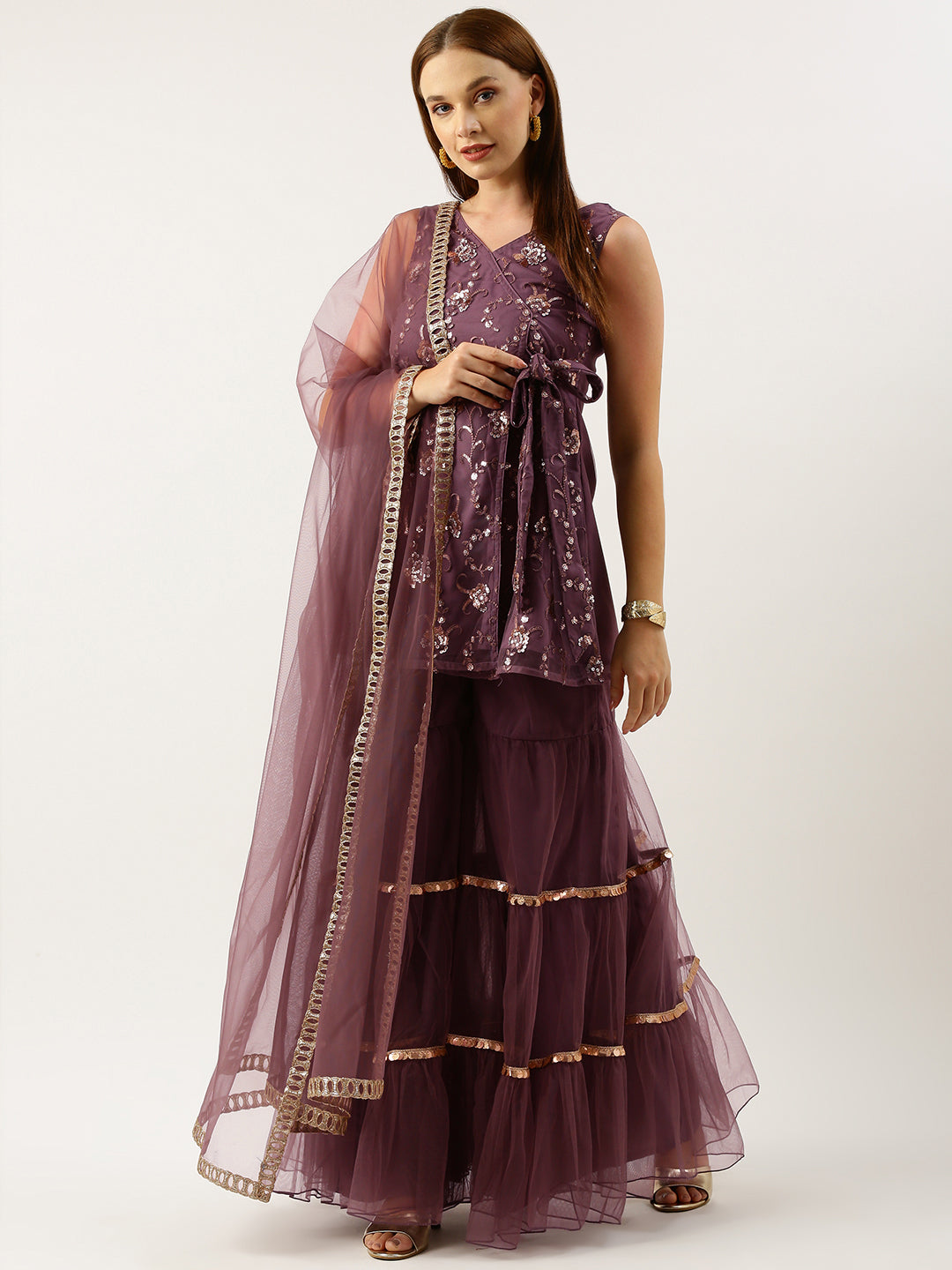 Bollywood Vogue Ready To Wear Purple Sequin Embroidered Net Sharara Suit - Detail View