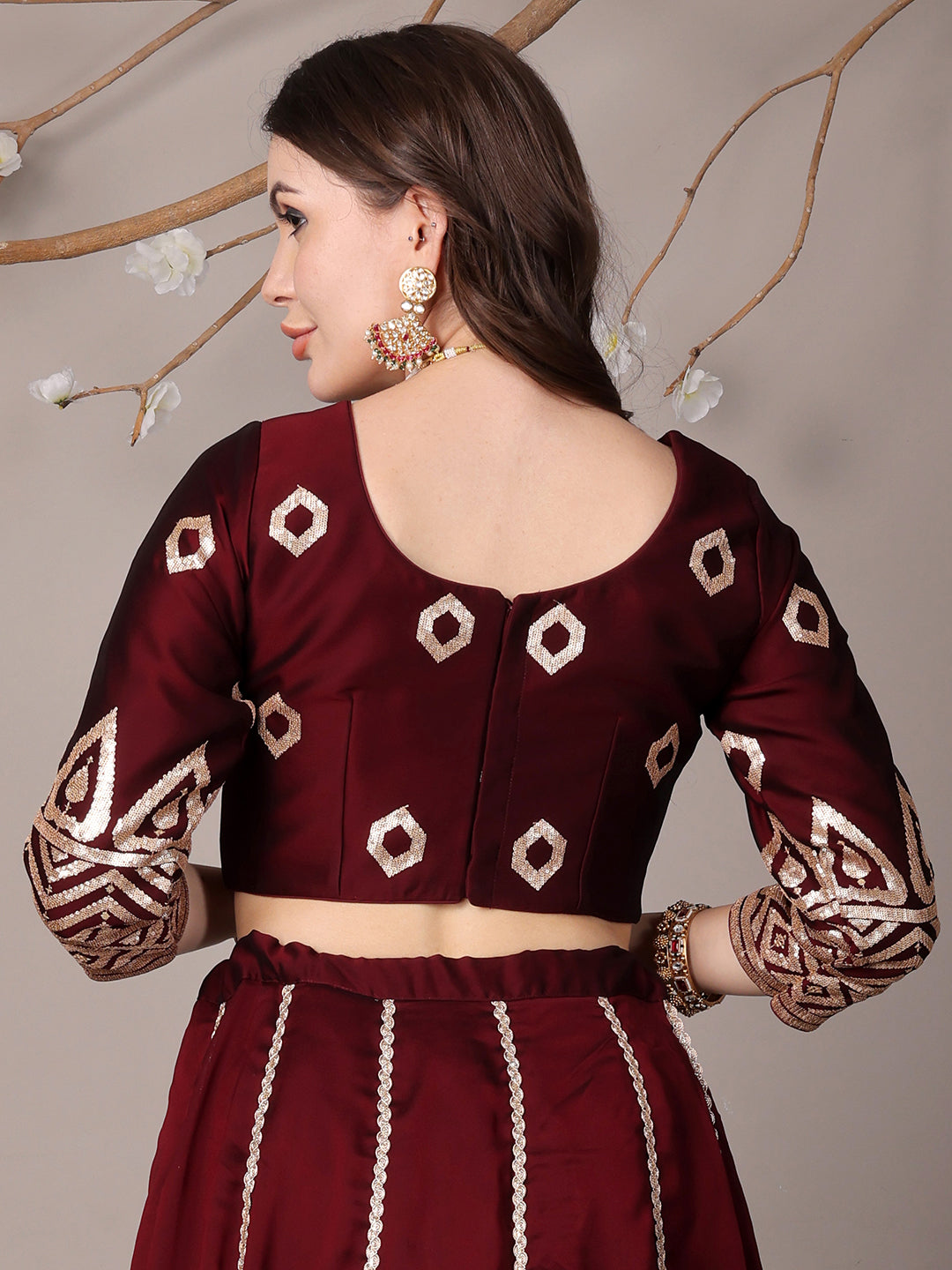Bollywood Vogue Ready To Wear Wine Silk Embroidered Kali Style Lehenga - Additional View 1