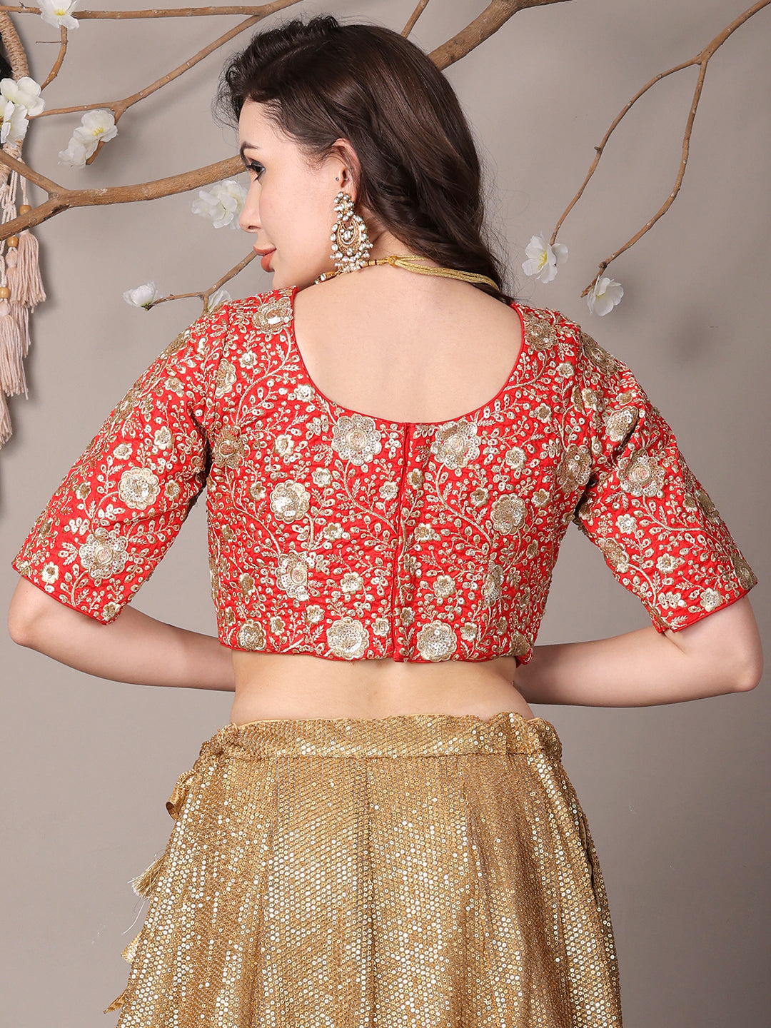 Bollywood Vogue Ready To Wear Red Embroidered N Gold Sequins Lehenga Set - Detail View
