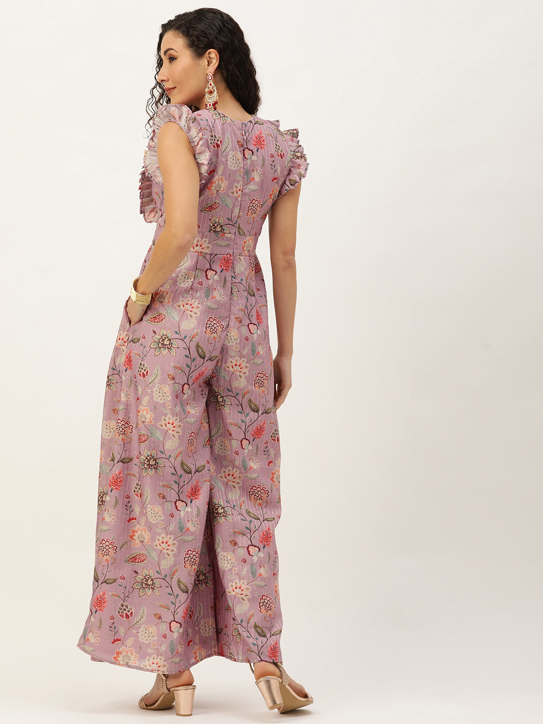 Bollywood Vogue Ready To Wear Mauve Digital Printed Art Silk Jumpsuits - Back View