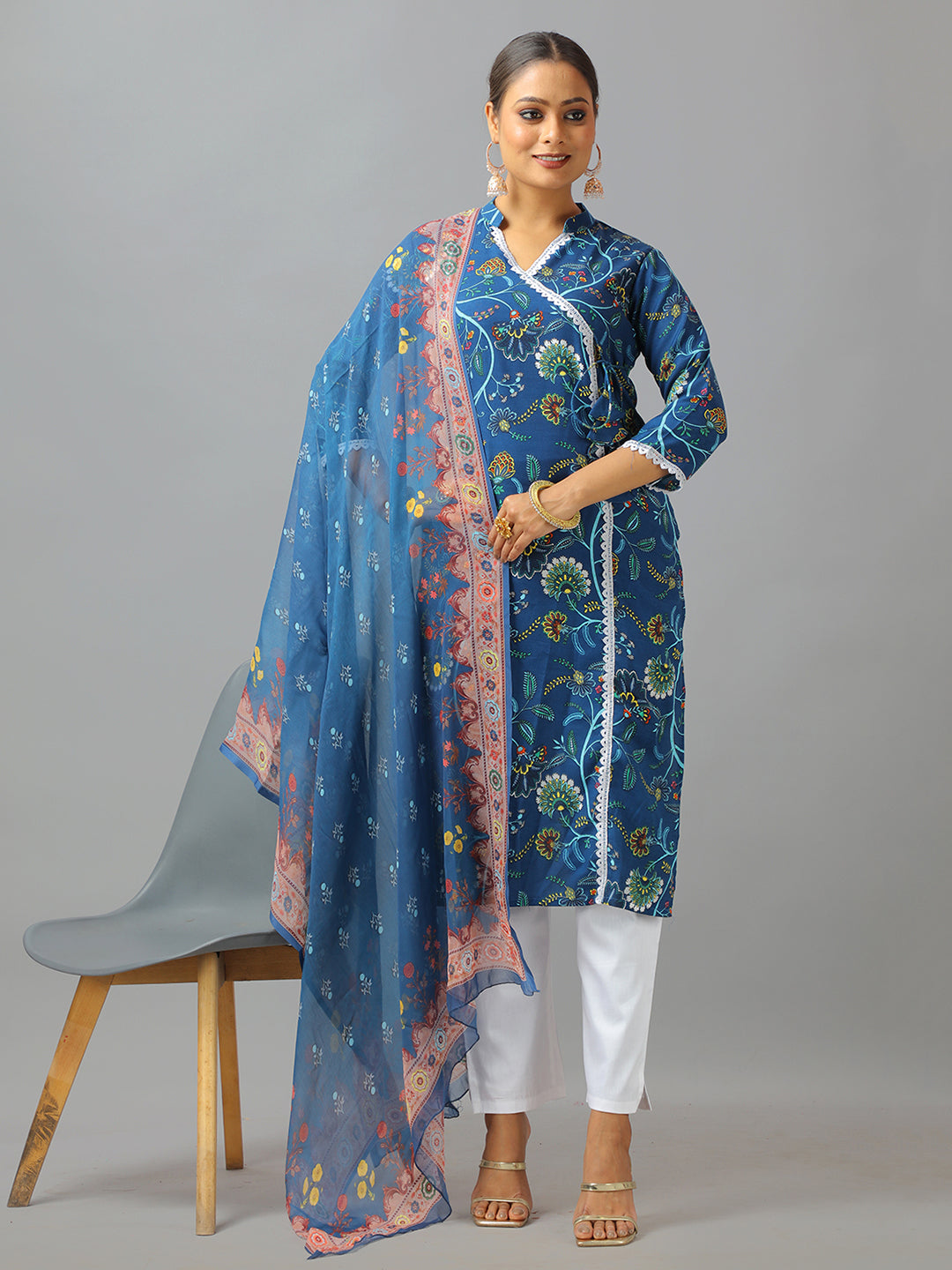 Bollywood Vogue Ready To Wear Blue Art Silk Cotton Kurta Straight Pant Suit - Front View