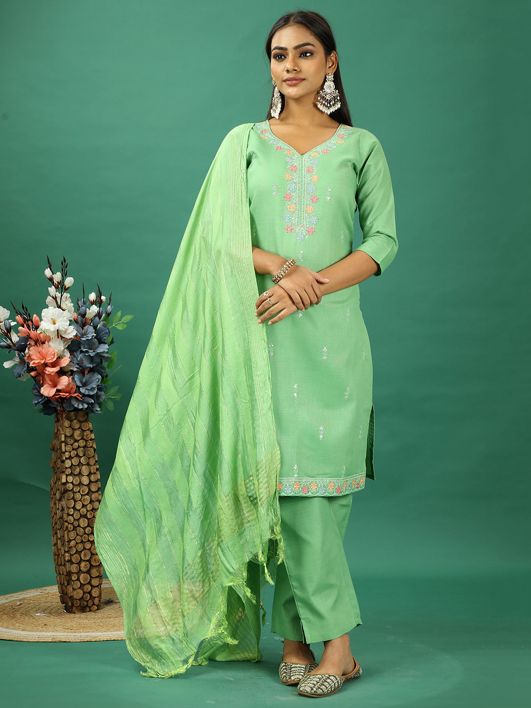 Bollywood Vogue Ready To Wear Green Rayon Embroidered Straight Pant Suit - Front View