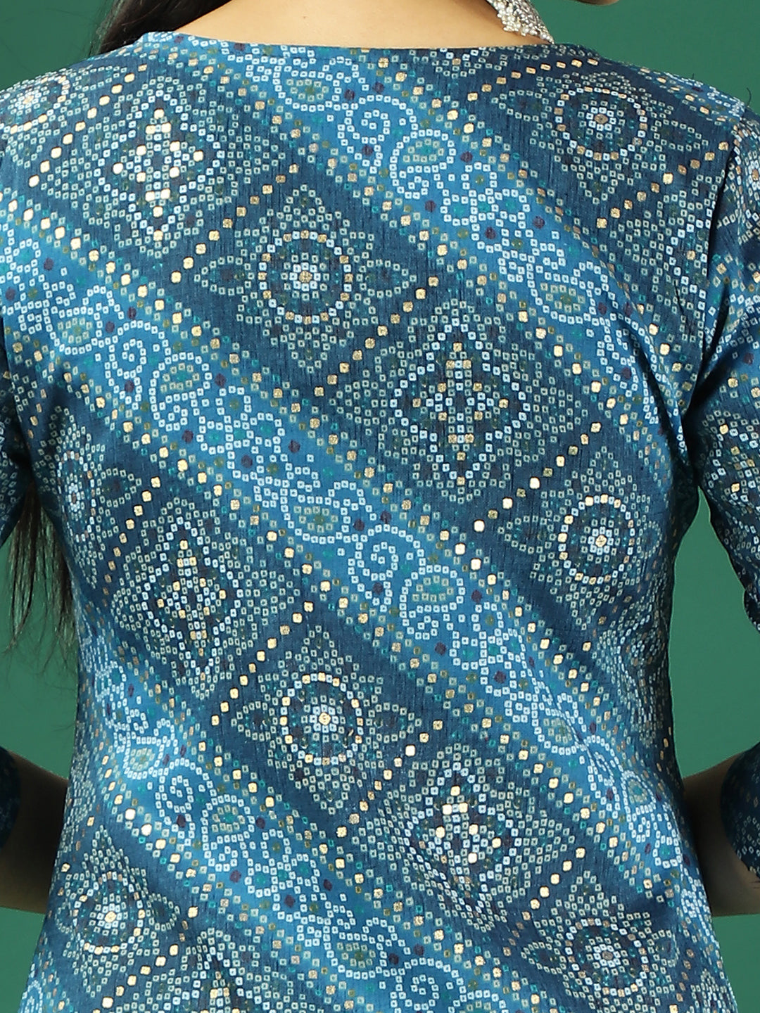 Bollywood Vogue Ready To Wear Blue Foil Print Art Silk Kurta Set - Additional View 2