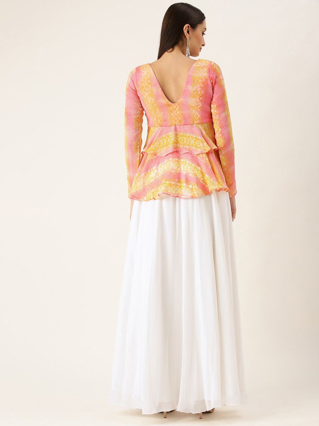 Bollywood Vogue Ready To Wear Pink Foil Printed Peplum Skirt Set - Back View