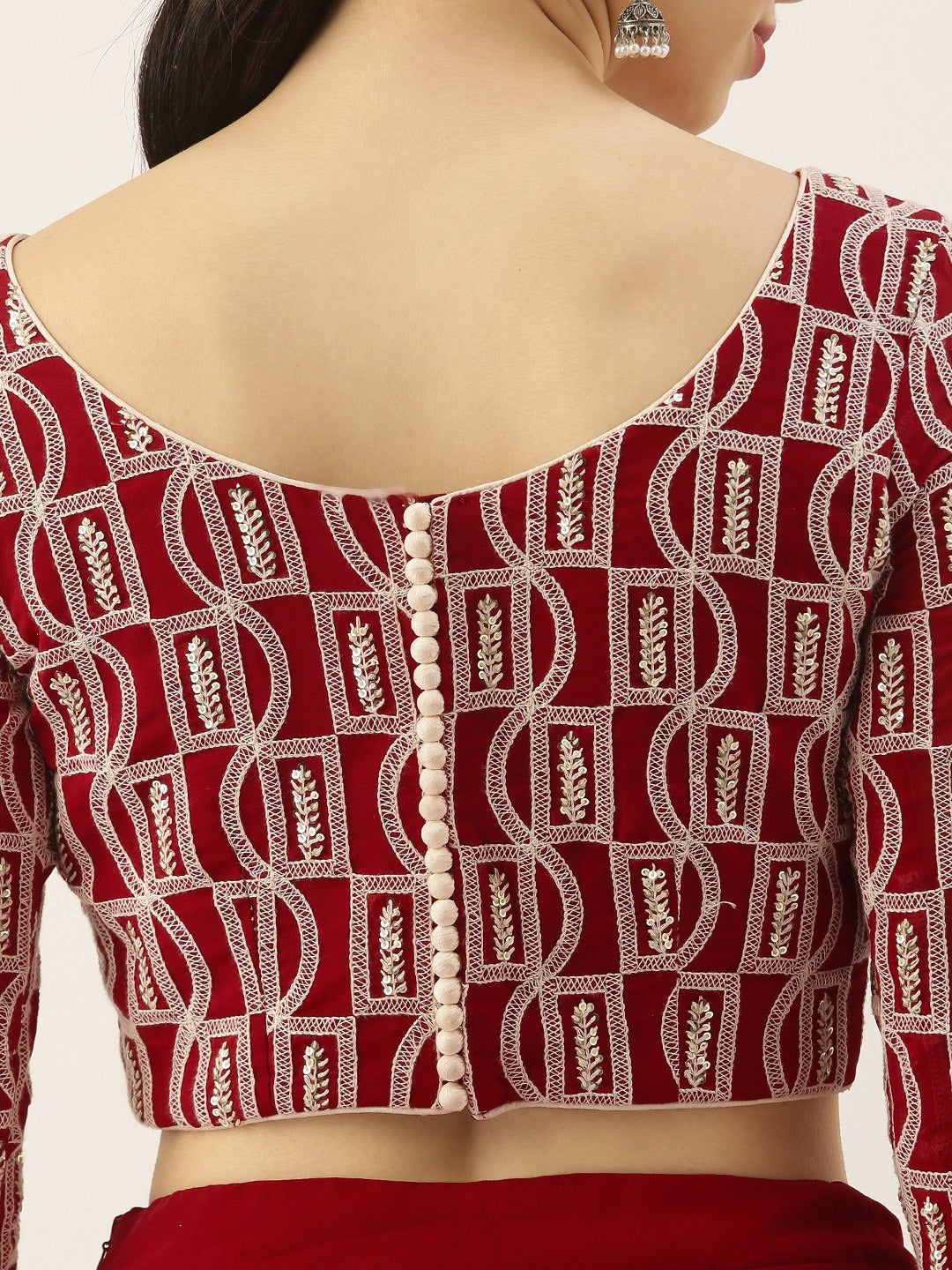 Bollywood Vogue Ready To Wear Maroon Georgette Embroidered Boat Neck Lehenga - Detail View