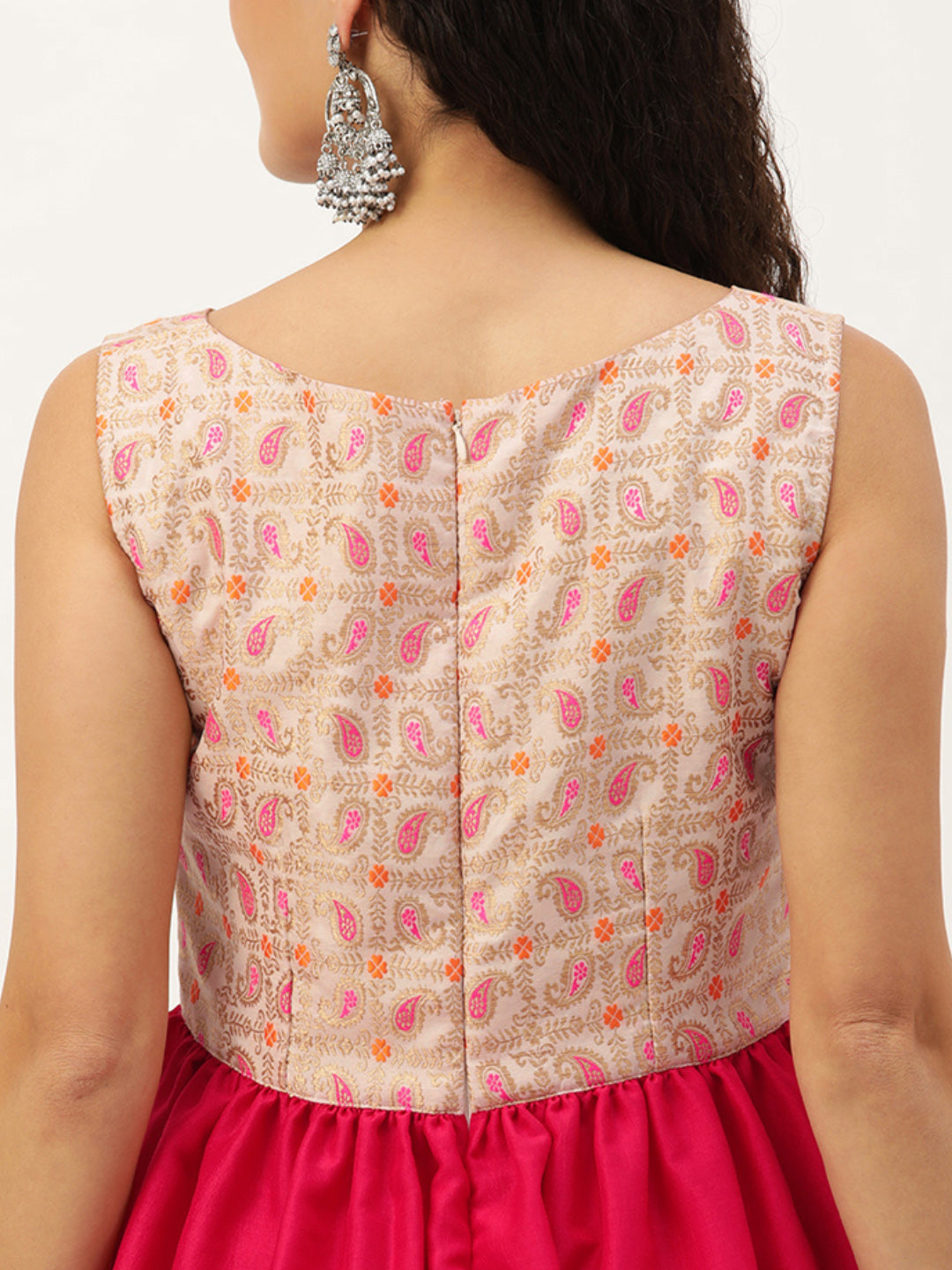 Bollywood Vogue Ready To Wear White Tie N Dye Nylon N Pink Kurta Set - Detail View