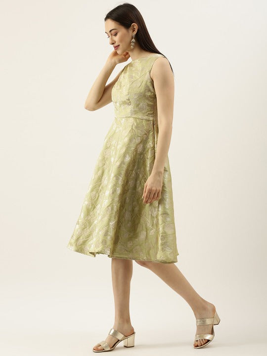 Bollywood Vogue Ready To Wear Green Brocade Boat Neck Flared Dress - Side View