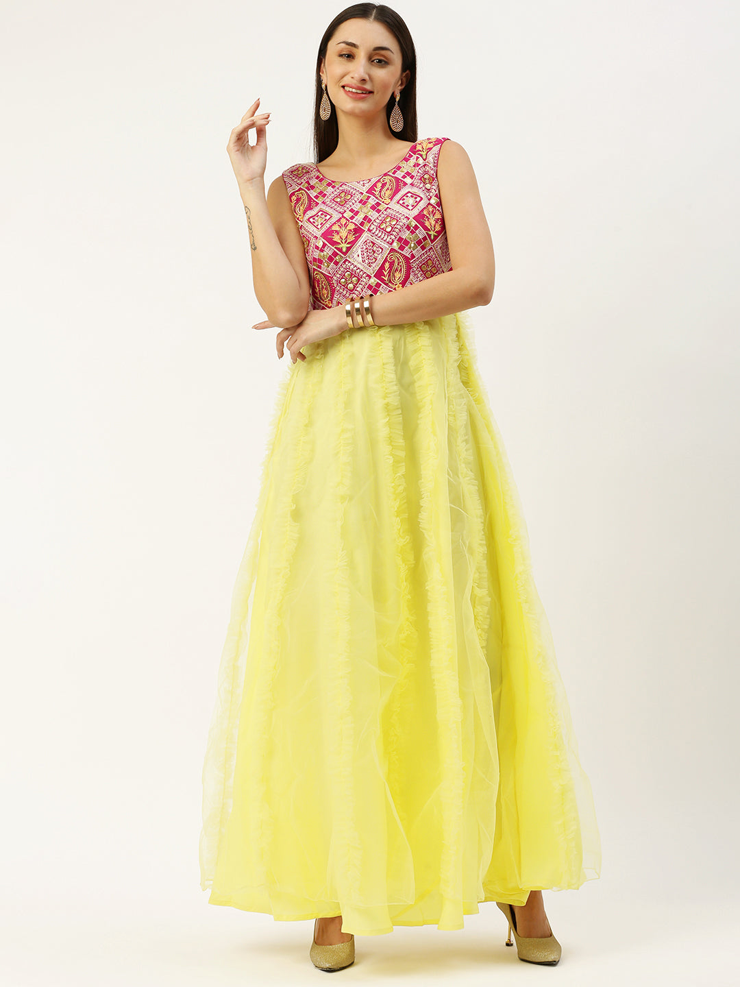 Bollywood Vogue Ready To Wear Pink N Yellow Georgette Embroidered Ruffle Gown - Front View