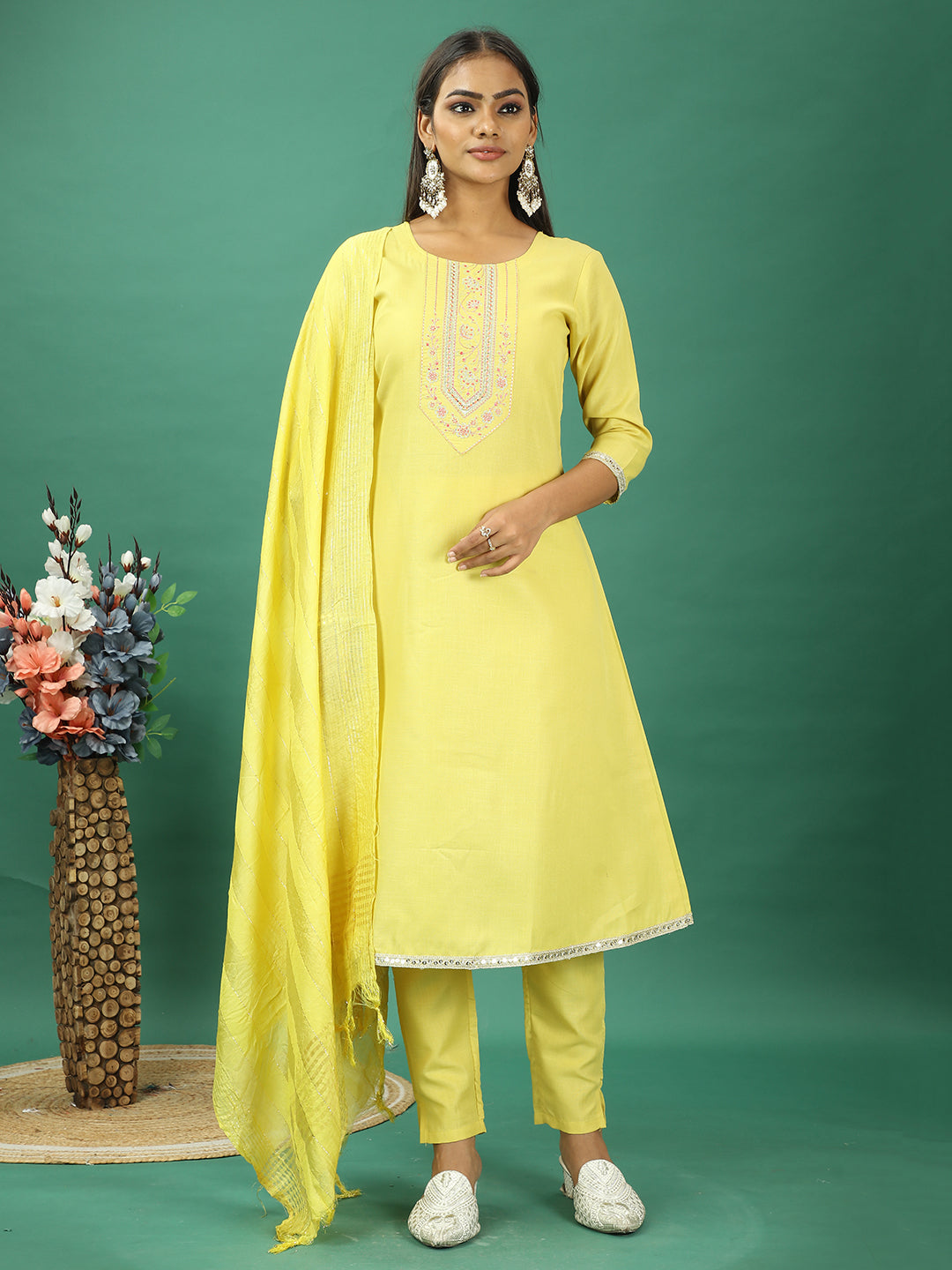 Bollywood Vogue Ready To Wear Yellow Rayon Embroidered Narrow Straight Pant Suit - Front View