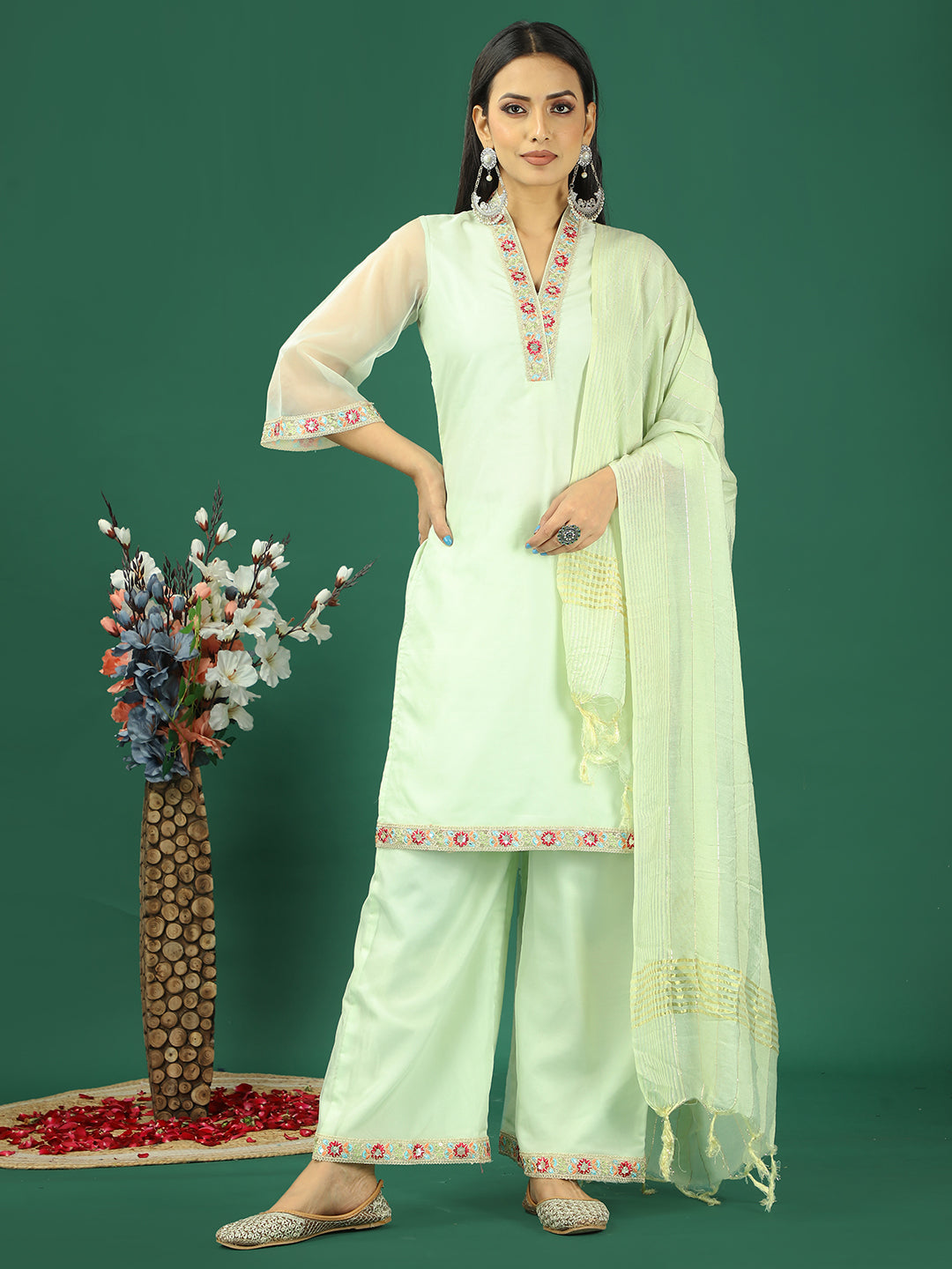 Bollywood Vogue Ready To Wear Mint Green Organza Wide Leg Pant Suit - Front View