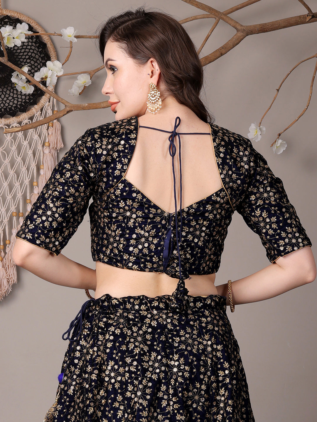 Bollywood Vogue Ready To Wear Blue Embroidered Velvet Lehenga - Additional View 1