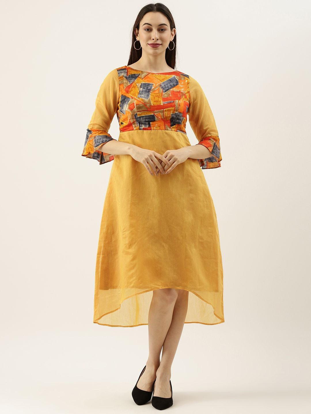 Bollywood Vogue Ready To Wear Multicolored N Mustard Digital Printed A line Dress - Detail View