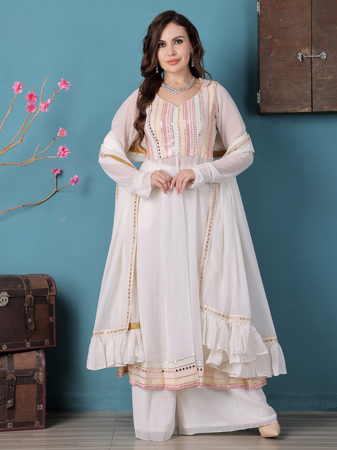 Bollywood Vogue Ready To Wear Off White Georgette Embroidered Anrakali Suit - Front View