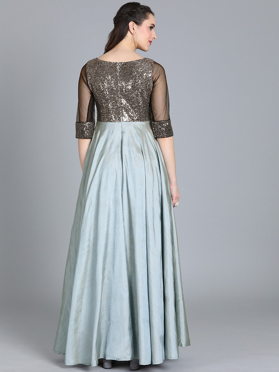 Bollywood Vogue Ready To Wear Grey Classic Full Flared Boat Neck Style Gown - Back View