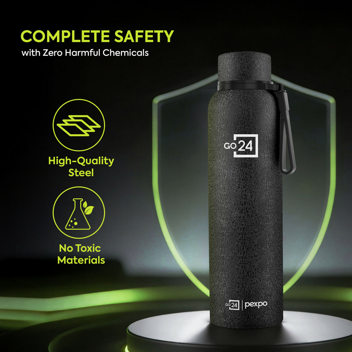 Go24 pexpo Bravo ISI Certified Triple Wall, Leakproof, BPA-Free Stainless Steel Insulated Flask - Black 980ml