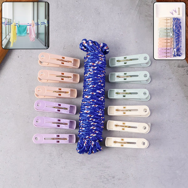 Clothesline Rope with 10 Clips – 5 Meter Approx Heavy Duty Laundry Drying Rope with Multi-Color Durable Plastic Cloth Clips for Indoor &  Outdoor Use