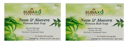 SUBAXO Neem & Aloevera Bath Soap Premium Bath Soap for Glowing Skin Anti Acne & Pimple Fighting Soap (75g Each, Pack Of 2) - HalfPe