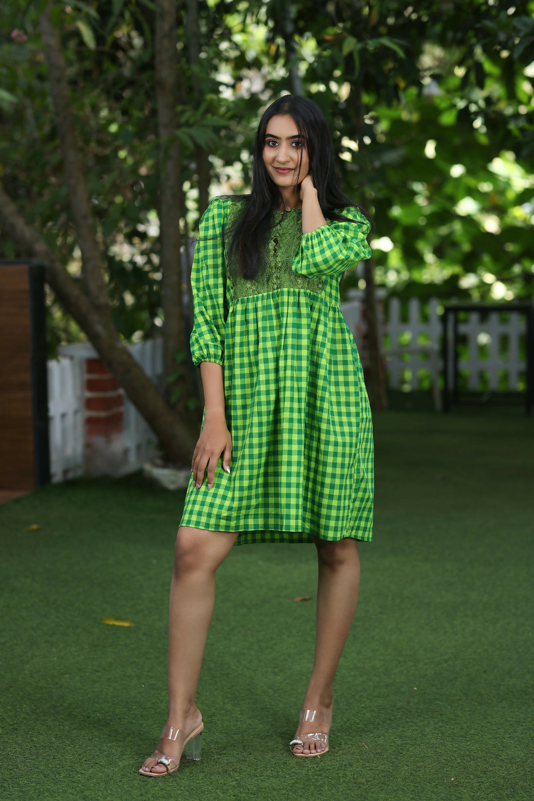 Fiona Neon Green Checkered Cotton Dress With Lace Yoke And Relaxed Silhouette Studio Sienna