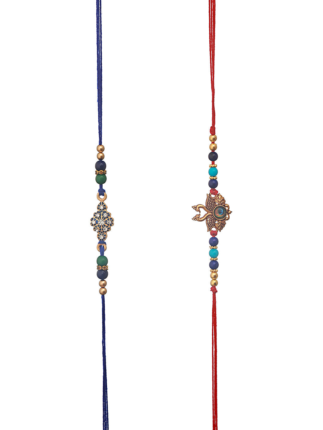 Set Of 2 Vibrant Evil Eye Peacock & Floral Shaped Rakhi With Roli & Chawal