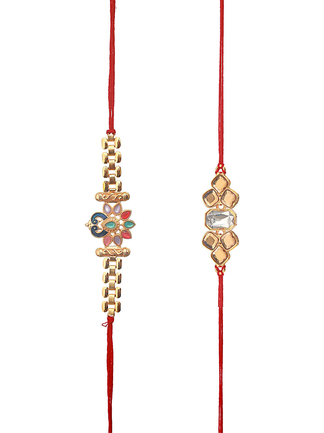 Set Of 2 Classic Kundan & Enameled Peacock Chain Thread Rakhi With Roli Chawal